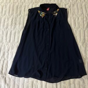 Eight Sixty Sleeveless Sheer Navy Blouse with multi-color stones on collar